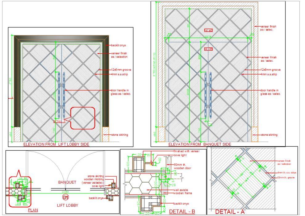 High-End Entrance Door CAD Design- Wood, Stainless Steel, Stone